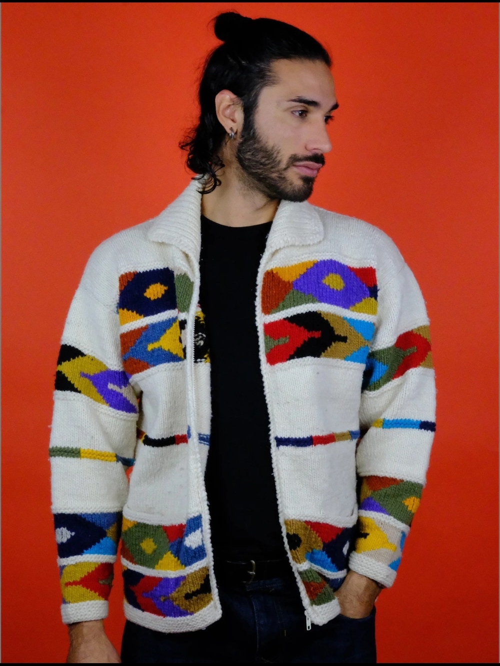 VTG ISHKA Otavalo Ecuador Wool Zip Up Sweater Handmade Aztec Tribal Knit Size XL